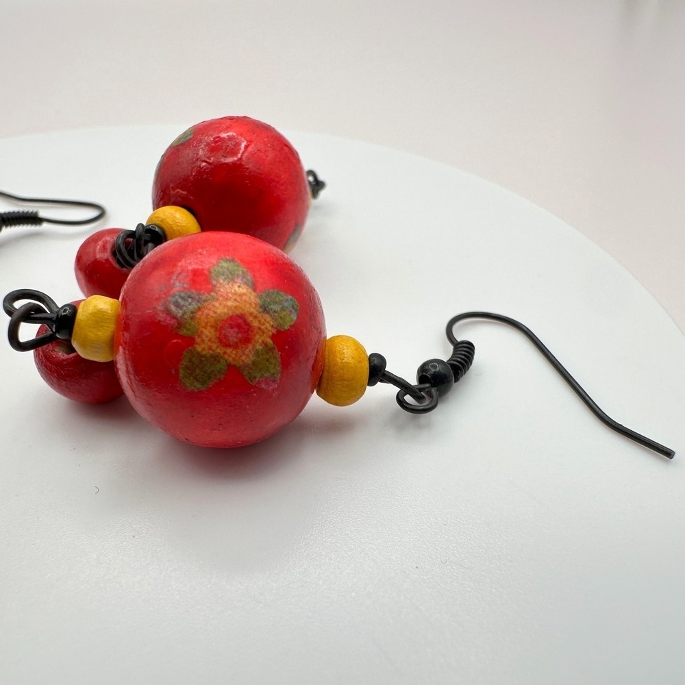 Vintage Y2K Floral Wooden Beaded Dangle Earrings Set Women's Classic Jewelry 90s